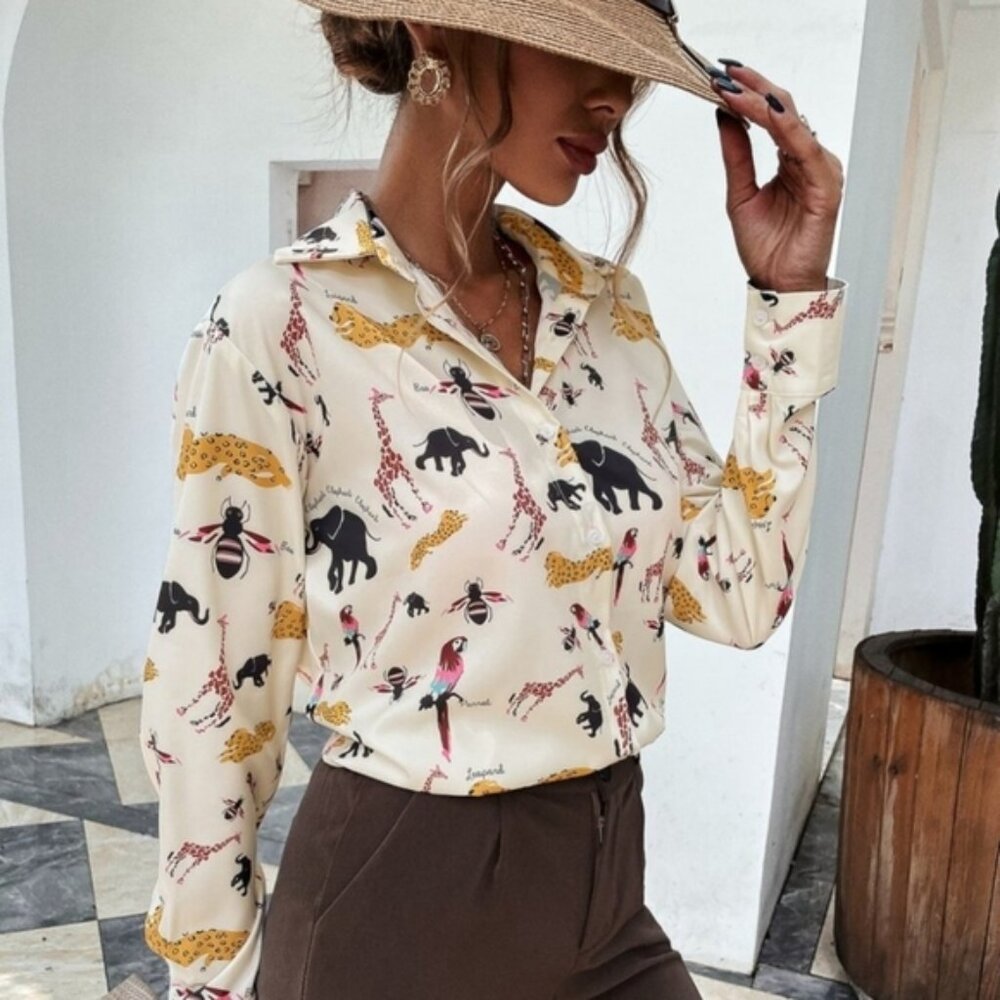SHEIN Beige Safari Animal Print Button-Up Blouse  Size S
